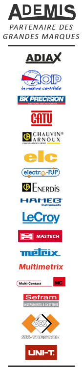 Ademis, partenaire des grandes marques : Adiax, AOIP, BK Precision, Catu, Chauvin Arnoux, ELC, Electro PJP, Enerdis, Hameg, LeCroy, Mastech, Metrix, Multimetrix, Multi-Contact, Sefram, SES, UNI-T